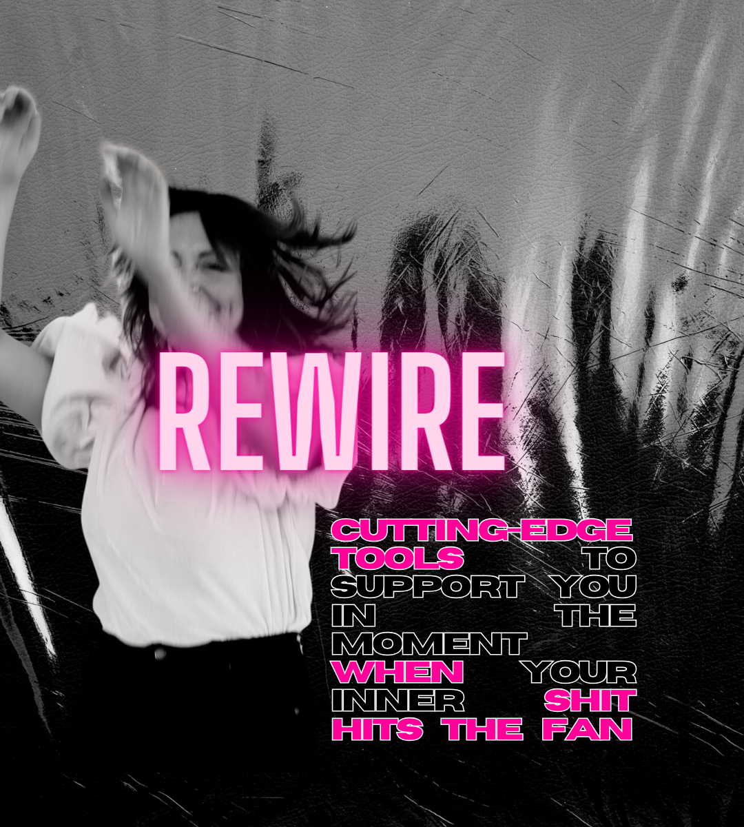 Image of a woman featuring the word "Rewire," showing a sense of transformation.